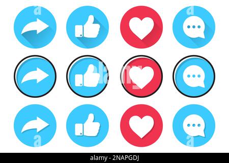 Set di icone di social network in un design piatto. Condividi, mi piace, cuore e commento Illustrazione Vettoriale