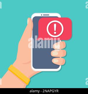 Smartphone con supporto per le mani e notifica dei messaggi di avviso in un design piatto Illustrazione Vettoriale