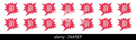Set di etichette rosse di vendita e sconto in percentuale diversa Illustrazione Vettoriale