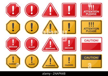 Serie di segnali di pericolo, pericolo, attenzione, avvertenza in forme e colori diversi Illustrazione Vettoriale