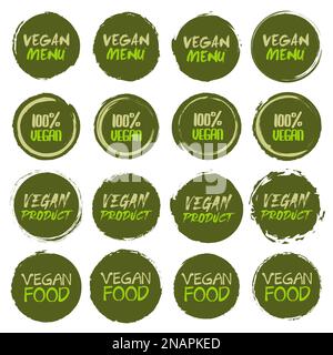 Collezione di logo vegan. Set di diversi cerchi a grunge le forme etichetta con testo diverso Illustrazione Vettoriale