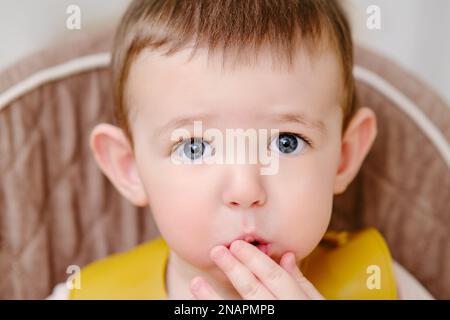 Un bambino sorpreso che mangia mentre si siede su un seggiolone. Un bambino in bib mangia nella cucina domestica. Bambino di un anno e sei mesi Foto Stock