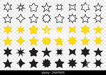 Set di icone a stella in forme diverse. Icone di linea delle stelle. Icone Golden star. Grande collezione di icone star. Icone delle stelle vettoriali Illustrazione Vettoriale