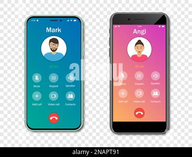 Modello di interfaccia dell'app per le chiamate smartphone su sfondo trasparente. Informazioni sulla chiamata in arrivo. Illustrazione vettoriale Illustrazione Vettoriale