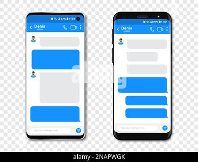Set di smartphone con chat Messenger vuota. Modello con messaggi a comparsa nello smartphone Illustrazione Vettoriale