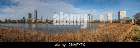 Nuovi sviluppi di alloggi lungo il bordo di Woodbury Wetlands sul serbatoio orientale, Harringay, Londra, Regno Unito Foto Stock