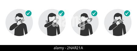 Misure preventive icone come tosse e starnuti e non diffondere virus Illustrazione Vettoriale