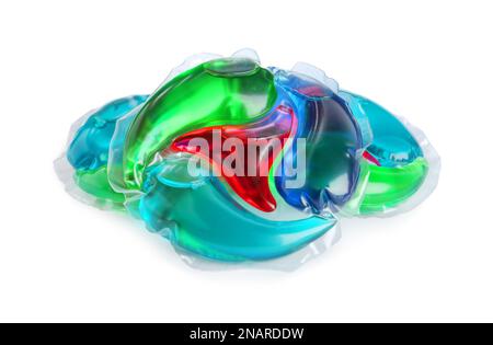 Capsule per bucato su sfondo bianco. Cialde detergenti Foto Stock