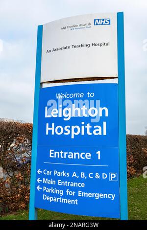 Benvenuto a Leighton Hospital segno a Leighton, Crewe Cheshire Regno Unito Foto Stock