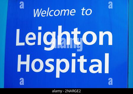 Benvenuto a Leighton Hospital segno a Leighton, Crewe Cheshire Regno Unito Foto Stock