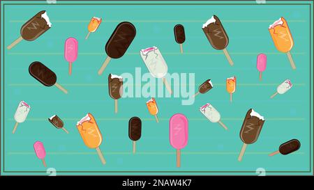 Gelato sundaes. Un sacco di gelato riempie lo sfondo. Deliziosi gelati tra cui scegliere. Illustrazione Vettoriale