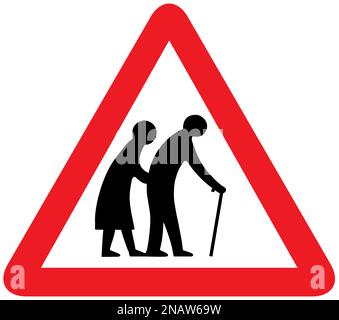 Persone anziane che attraversano il cartello stradale britannico Foto Stock