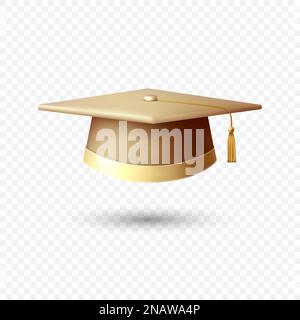 Vector 3D realistic Graduate College, High School, University Yellow Cap isolato. Cappello per cerimonia di laurea Vector Golden Degree. Simbolo studente educativo, cappello Illustrazione Vettoriale