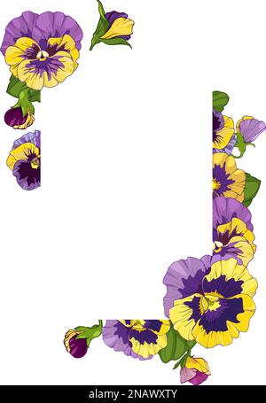 cornice quadrata con fiori in pansy, fiori gialli e viola ornamento foglie verdi , illustrazione vettoriale Illustrazione Vettoriale