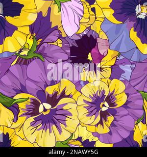motivi senza cuciture floreali, illustrazione vettoriale. viola, fiori gialli e viola foglie verdi Illustrazione Vettoriale