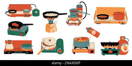 Cibo su stufa. Utensili da cucina per stativi di cottura su stufa a gas, utensili da cucina su bruciatore portatile stile cartone animato. Set con isolamento vettoriale Illustrazione Vettoriale