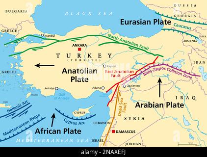 Mappa tettonica della placca Anatolica. La maggior parte del paese della Turchia si trova su questa placca tettonica continentale. Foto Stock