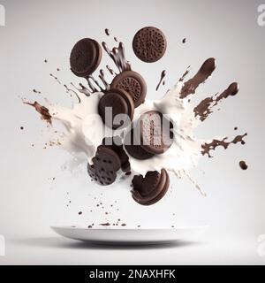 i biscotti al cioccolato cadono nel latte, spruzzando latte e cioccolato. creato utilizzando l'intelligenza artificiale Foto Stock