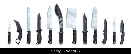 Collezione coltelli. Utensile di cottura a lama affilata per cucina, coltello da combattimento pieghevole, utensili da cucina per il taglio di cartoni piatti in acciaio inox. Vettore Illustrazione Vettoriale