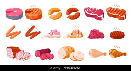 Cartoni animati prodotti a base di carne. Bistecche crude, salsicce e forcemeat, ingredienti freschi per barbecue, stuffing di filetto di pollo di manzo di maiale, pasto gourmet. Vettore Illustrazione Vettoriale