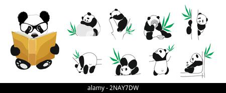 Set di piccoli pandas carino in diverse pose illustrazioni vettoriali isolato. Illustrazione Vettoriale