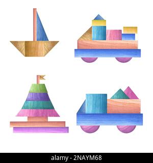 Acquerello illustrazione di una serie di trasporto in legno per bambini isolato su sfondo bianco. Stanza dei bambini, arredamento della stanza dei bambini. Materiali ecologici giocattoli per bambini. Foto Stock