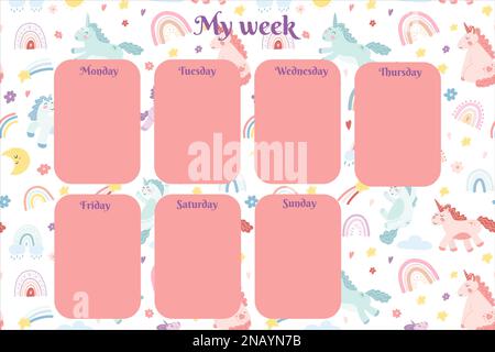 Pianificatore settimanale con carini arcobaleni e unicorni in cartoon stile piatto. Illustrazione vettoriale per i bambini stazionari, orari, elenchi, orari scolastici Illustrazione Vettoriale