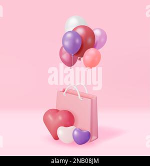 3D Borsa rosa con cuori di palloncino Illustrazione Vettoriale