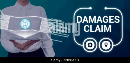 Didascalia di testo che presenta la richiesta di risarcimento danni, la parola per la compensazione della domanda litigata assicurazione file seme Foto Stock