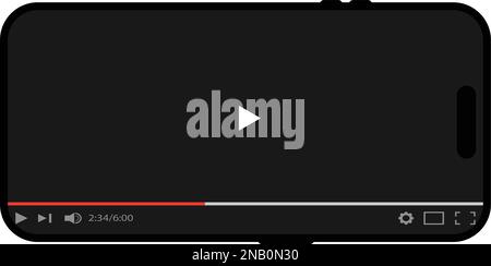 IPhone con cornice modello per lo schermo di YouTube. Lettore video su schermo per smartphone realistico. Layout del lettore video YouTube. Concetto di social media Illustrazione Vettoriale