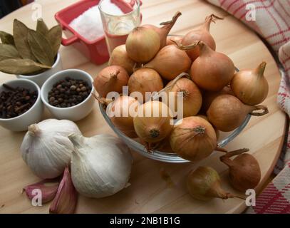 Piatto di un tavolo con gli ingredienti (aglio, pepe, alloro, aceto, cipolle...) per preparare le cipolle nell'aceto Foto Stock