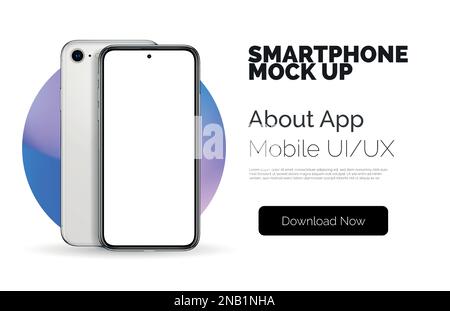 Concetto di isolamento dello smartphone con schermo bianco. Smartphone vettoriale 3D ad alta definizione in vista frontale per presentazioni di app o web design. Illustrazione vettoriale. Realistico telefono cellulare mockup in cerchio di colore Illustrazione Vettoriale