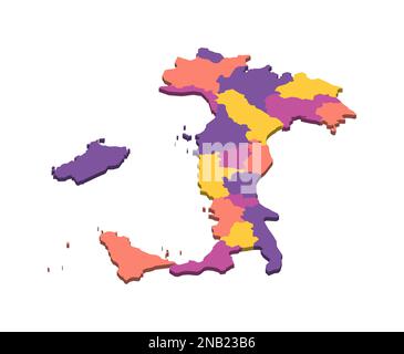 Italia carta politica delle divisioni amministrative - regioni. Mappa vettoriale vuota isometrica 3D in schema a quattro colori. Illustrazione Vettoriale