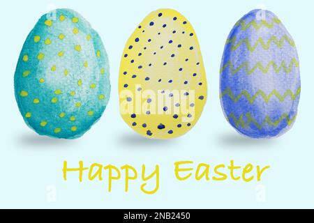 Una carta con colorate uova di pasqua dipinte a mano, buona pasqua Foto Stock