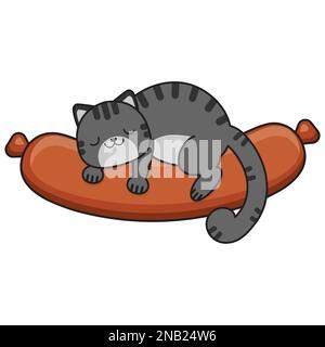 Il gatto grigio dorme su una salsiccia. Illustrazione vettoriale. Illustrazione Vettoriale