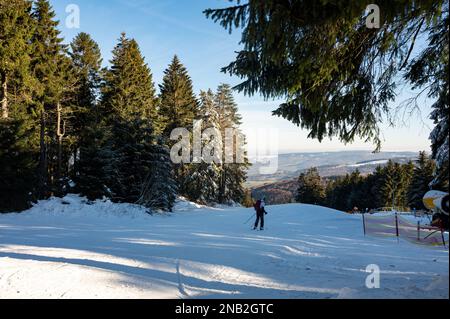 Pista da sci sul Wasserkuppe con sciatori, cannone da neve sul lato e con cielo blu e alberi Foto Stock