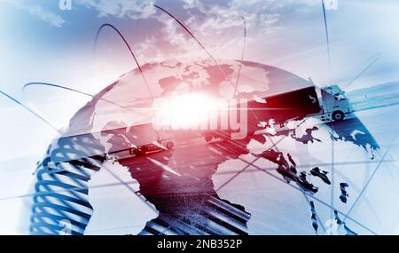 Astratto design sfondo camion e camion transport.Highway e delivering.World mappa e trasporto internazionale. Foto Stock