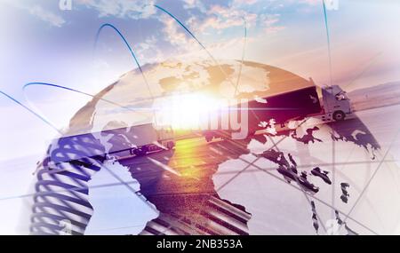 Sfondo di design astratto per il trasporto di autocarri e autocarri.autostrada e consegna.Mappa del mondo e trasporto internazionale.immagine relativa alla logistica. Foto Stock