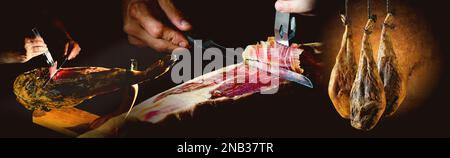 Affettare il prosciutto íberic spagnolo. Jamon spagnolo e cibo tradizionale. Prosciutto spagnolo secco, Jamon Serrano, Bellota, prosciutto crudo italiano o prosciutto di Parma. Foto Stock