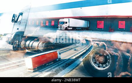 Storia astratta camion e transport.Highway e delivering.camion e automobili che guidano sulla Road.Logistics e immagazzinaggio.Abstract Design. Foto Stock