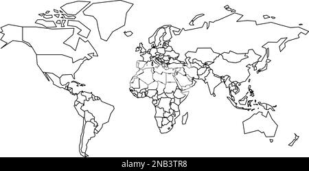 Mappa politica del mondo. Mappa vuota per il quiz scolastico. Contorno nero spesso semplificato su sfondo bianco. Illustrazione Vettoriale