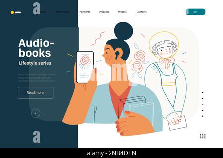 Lifestyle web template -Audiobooks -moderna immagine vettoriale piatta di una donna che ascolta un audiolibro con i germogli nell'applicazione tablet, Victorian e Illustrazione Vettoriale