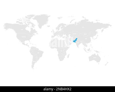 Pakistan segnato da blu in grigio carta politica mondiale. Illustrazione vettoriale. Illustrazione Vettoriale