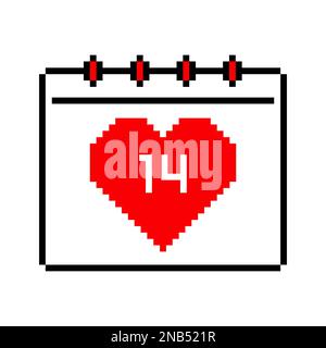 San Valentino pixel calendario icona vettore con cuore e numero 14 Illustrazione Vettoriale