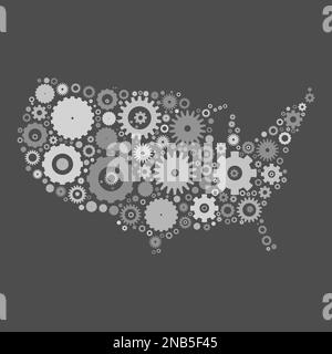 Stati Uniti d'America mappa silhouette mosaico di denti e ingranaggi. Illustrazione vettoriale nera su sfondo bianco. Illustrazione Vettoriale