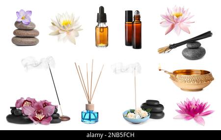 Bastoncini di incenso e altri articoli per aromaterapia su sfondo bianco, collage Foto Stock