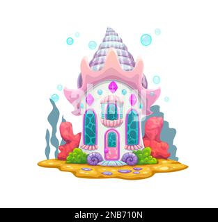 Cartone animato sott'acqua sirena fata casa. Vettore di dimora marina di strega sul fondo dell'oceano. Casa di conch sottomarino fiabesco con tetto a spirale curvo. Grazioso edificio fantasy decorato con pietre preziose Illustrazione Vettoriale