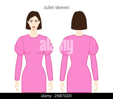 Juliet maniche Mahoitres, Gibson Girl vestiti - gamba di abiti mutton, top, camicie tecniche di illustrazione della moda, corpo adattato. Modello di abbigliamento piatto anteriore, posteriore. Donne, uomini unisex CAD mockup Illustrazione Vettoriale