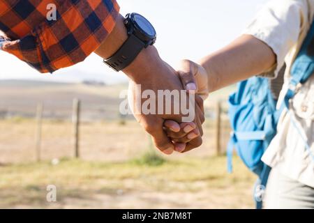 Primo piano della coppia afro-americana che tiene le mani in una giornata di sole in campagna. Concetto di paese, natura e stile di vita. Foto Stock