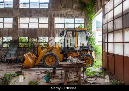 un escavatore sommerso dalla natura in un vecchio garage di riparazione Foto Stock